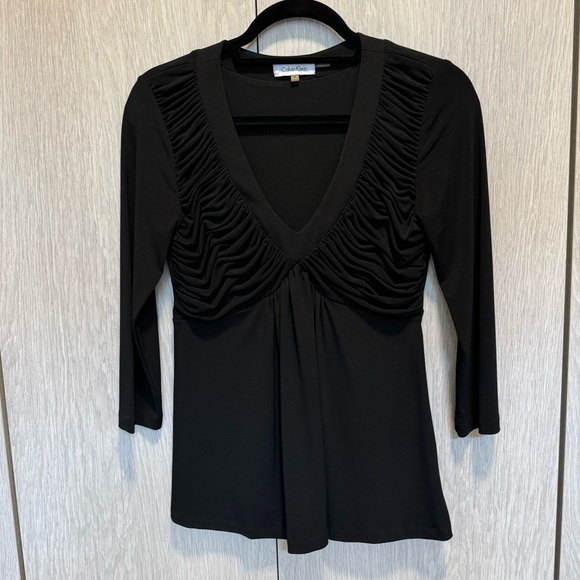 Calvin Klein Black Ruched V-Neck Blouse, Size Small - Picture 1 of 5